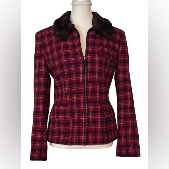 Wool Vintage Ralph Lauren Plaid Jacket Faux Fur Collar Red Sz 6 Small Blazer - Picture 1 of 13